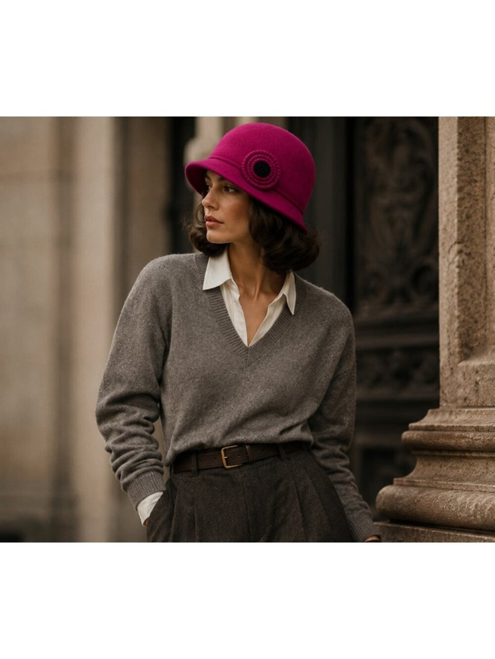 Adora Women’s Fuchsia 100% Wool Cloche Hat Flower One Size Vintage Style